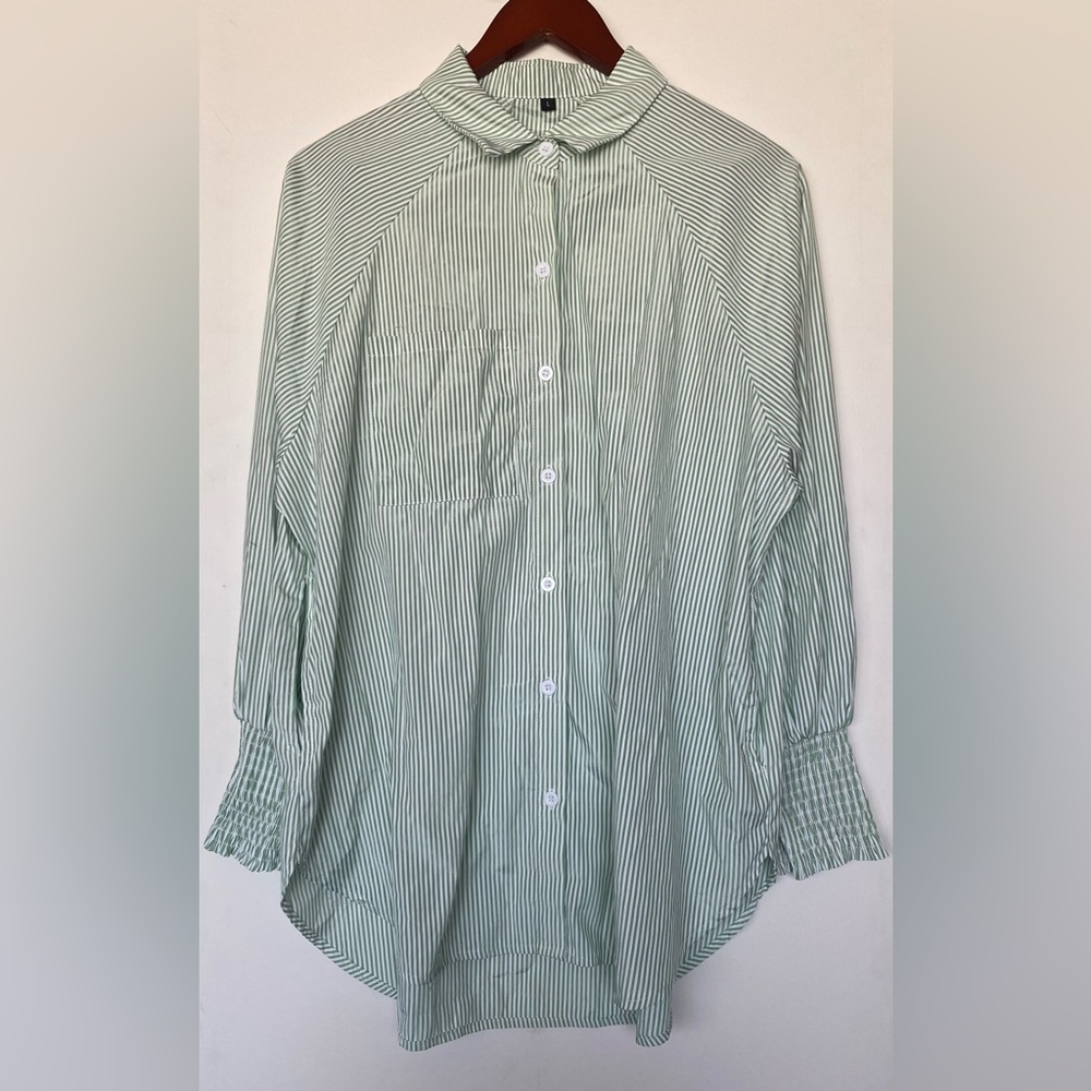 Green White Striped Woman’s Botton Down Ruche Dress Shirt W Pockets -Size L -C33